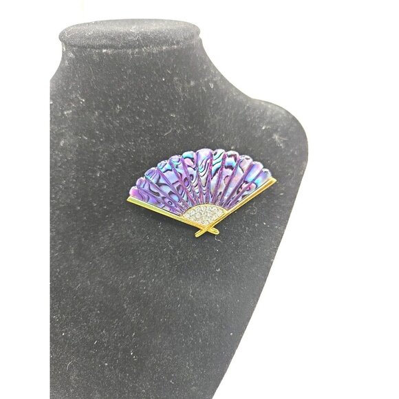 Butler Signed Rare Purple Abalone Shell Fan Brooch and Clip Earring Set Vintage - Picture 6 of 7